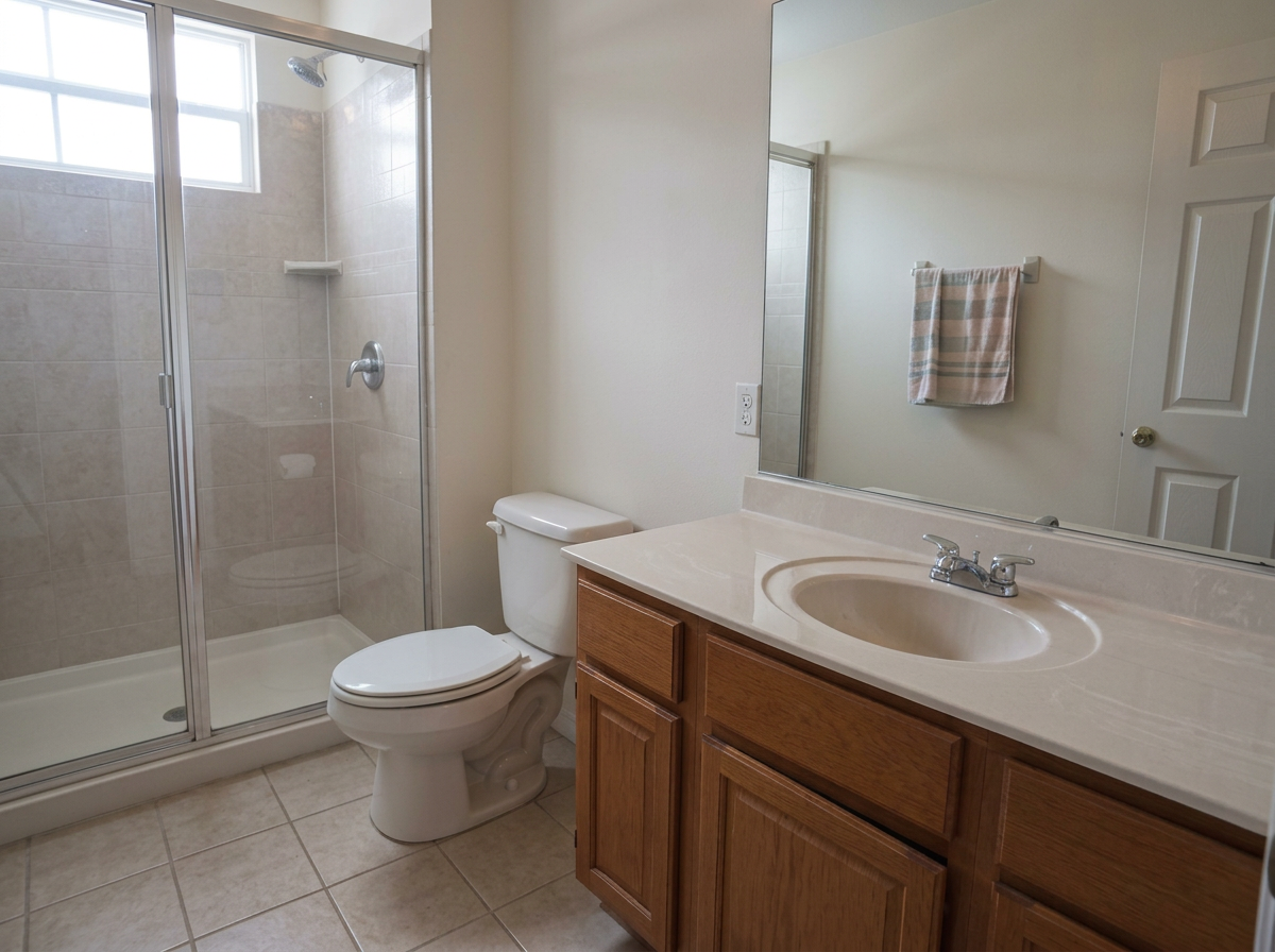 The same bathroom cleared and polished after cleaning